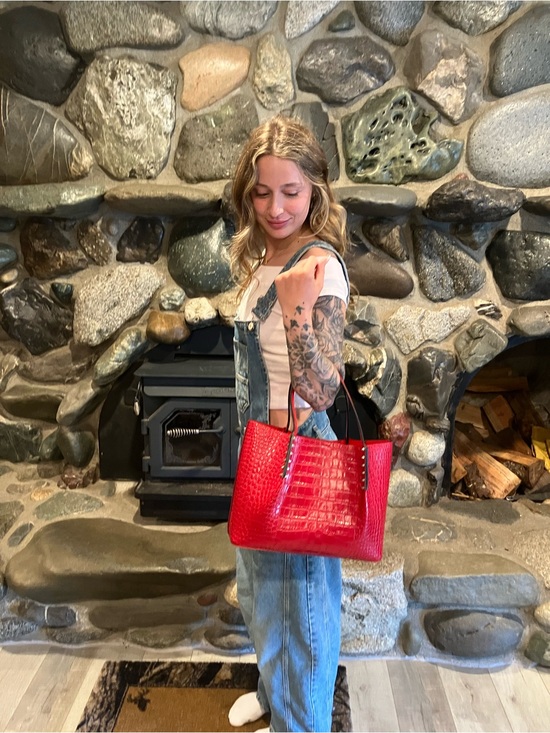 Christian Louboutin Handbags - Christian Louboutin Red Croc-Embossed Tote with Studded Trim